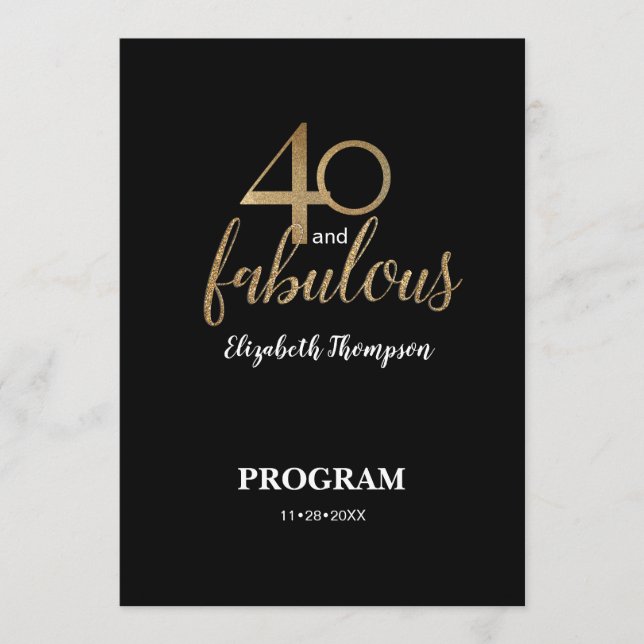 40 and fabulous 40th Birthday Gold Glitter Black Program (Front)