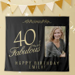 40 and Fabulous 40th Birthday Photo Backdrop<br><div class="desc">Elegant Black and Golden 40 and Fabulous 40th Birthday Photo Backdrop Tapestry. 40 and fabulous text in trendy golden script on black background. Personalize it with your photo,  your name and the age,  and make your own elegant birthday party backdrop for woman`s birthday party.</div>