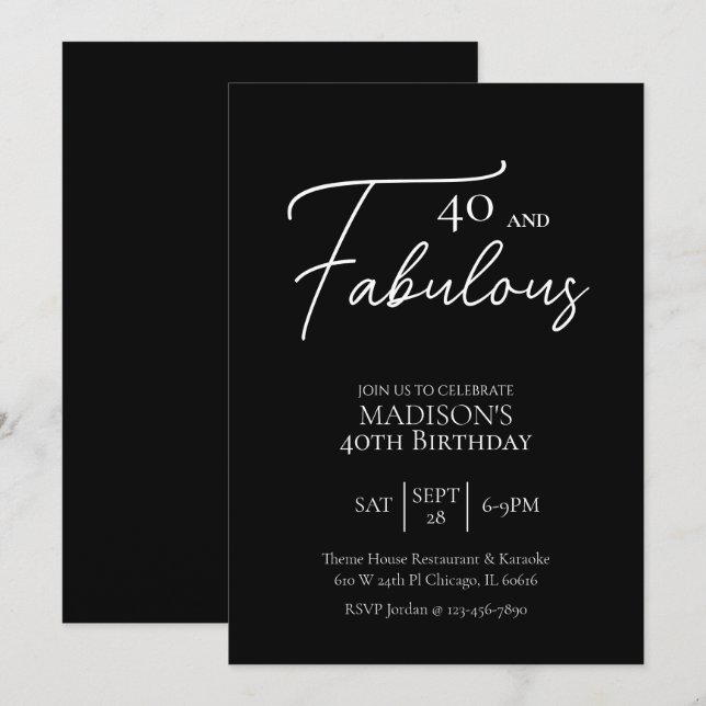 40 and Fabulous 40th Black & White Birthday Invitation (Front/Back)