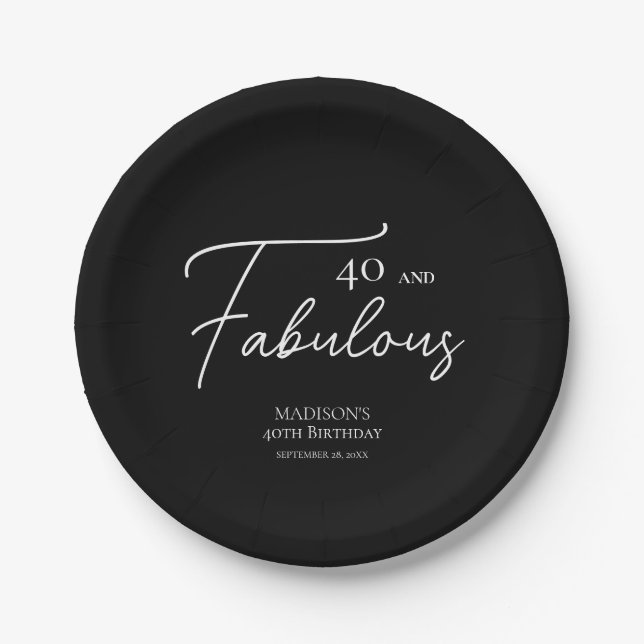 40 and Fabulous 40th Black & White Birthday Paper Plates (Front)
