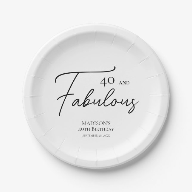 40 and Fabulous 40th Black & White Birthday Paper Plates (Front)