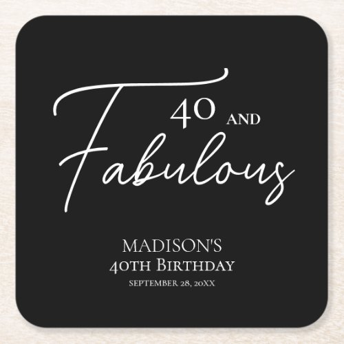 40 and Fabulous 40th Black  White Birthday Square Paper Coaster