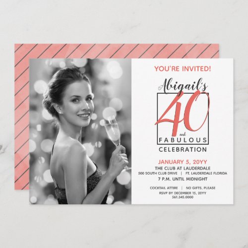 40 and Fabulous Any Number Birthday Black  Coral Invitation