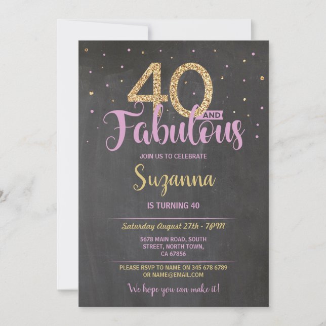 40 and Fabulous Birthday Party 40th Pink Gold Invitation (Front)