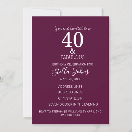 40 And Fabulous Birthday Party Pink Purple White Invitation