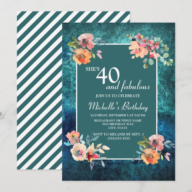 40 and Fabulous Birthday Party Teal Pink Floral Card (Front/Back)