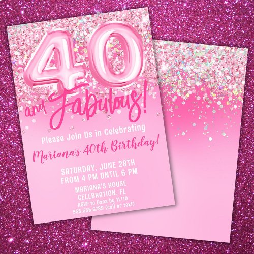 40 and Fabulous Birthday Pink Glitter Invitation