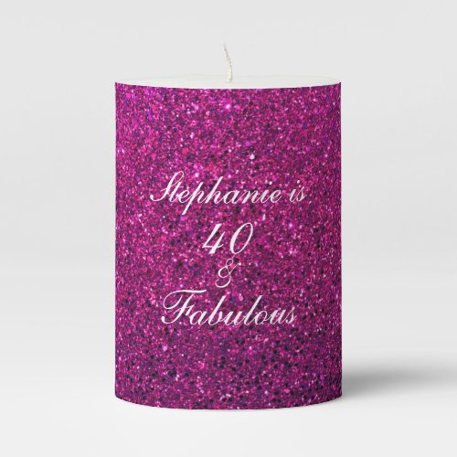 40 And Fabulous Birthday Pink Purple Glitter Girly Pillar Candle