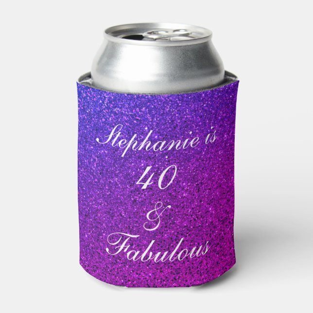 40 And Fabulous Birthday Pink Purple Glitter Ombre Can Cooler (Can Front)