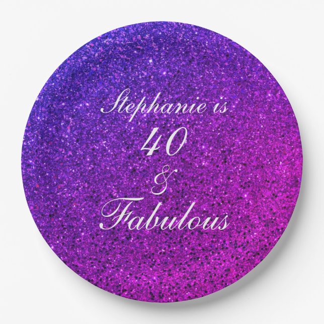 40 And Fabulous Birthday Pink Purple Glitter Ombre Paper Plates (Front)