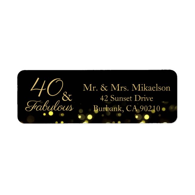 40 and Fabulous Black and Gold Birthday Address Label (Front)