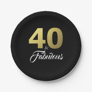 40 and Fabulous Black and Gold Birthday Party Paper Plates