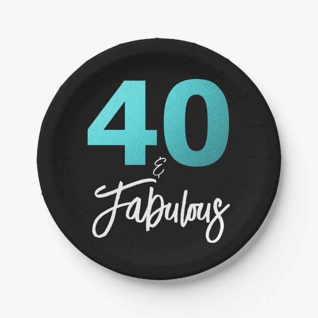 40 and Fabulous Black Blue 40th Birthday Party Paper Plates (Front)