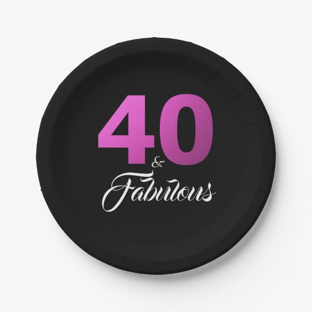 40 and Fabulous Black Pink Glam Birthday Party Paper Plates (Front)