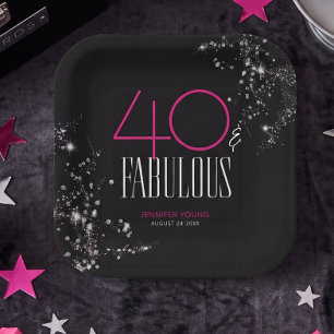 40 and Fabulous Black Pink Glam Sparkle Birthday Paper Plates