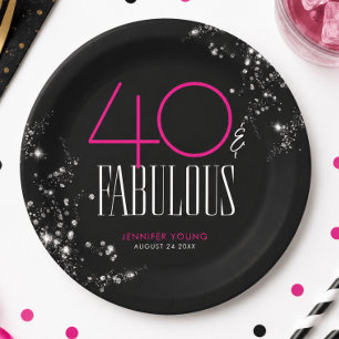 40 and Fabulous Black Pink Glam Sparkle Birthday Paper Plates