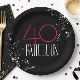40 and Fabulous Black Pink Glam Sparkle Birthday Paper Plates