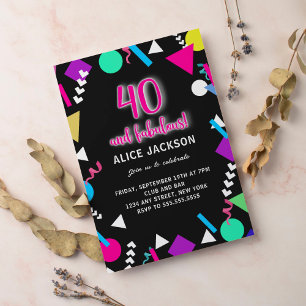 40 and Fabulous Black Retro Birthday Invitation