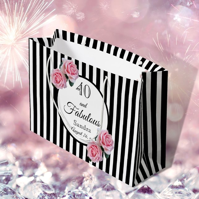 40 and fabulous black stripes pink florals name large gift bag (Creator Uploaded)