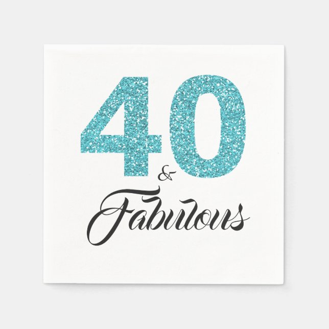 40 and Fabulous Blue Glitter 40th Birthday Party Napkins (Front)