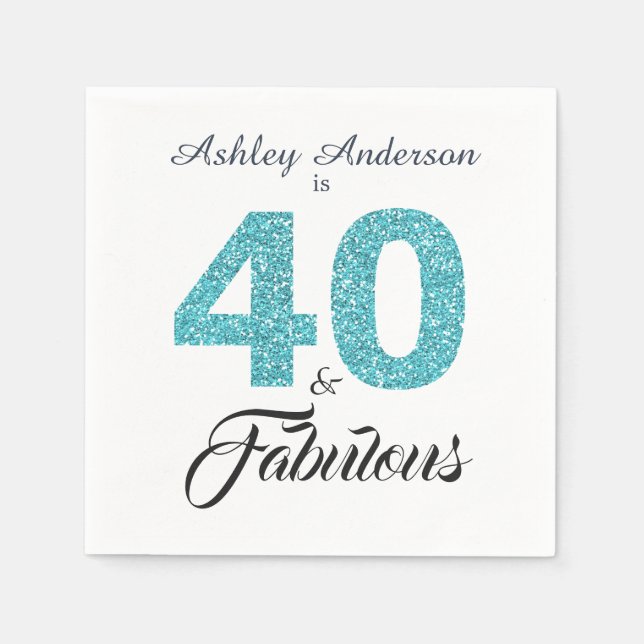 40 and Fabulous Blue Glitter 40th Birthday Party Napkins (Front)