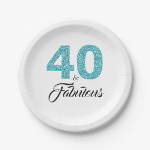 40 and Fabulous Blue Glitter Birthday Party Paper Plates
