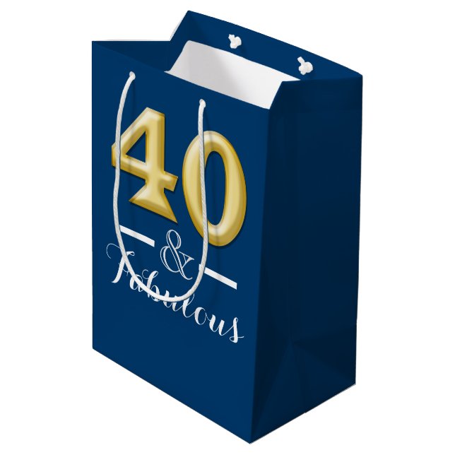 40 and fabulous blue gold birthday medium gift bag (Back Angled)