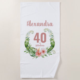 40 and fabulous blush pink script birthday beach towel