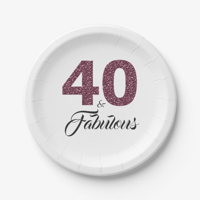 40 and Fabulous Burgundy Glitter Birthday Party Paper Plates (Front)