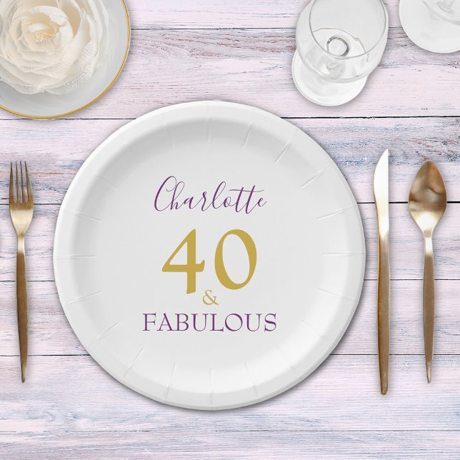 40 and Fabulous Chic Elegant 40th Birthday Paper Plates (40 and fabulous elegant purple and gold typography personalized 40th birthday party paper plate)