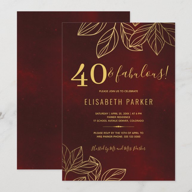40 and fabulous dark red gold 40th birthday party invitation (Front/Back)