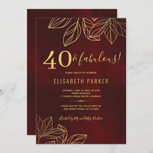 40 and fabulous dark red gold 40th birthday party invitation