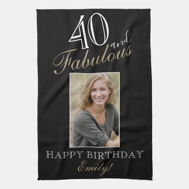 40 and Fabulous Elegant 40th Birthday Photo Kitchen Towel (Vertical)
