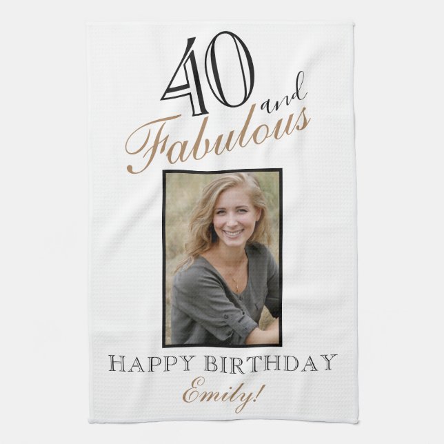 40 and Fabulous Elegant 40th Birthday Photo Kitchen Towel (Vertical)