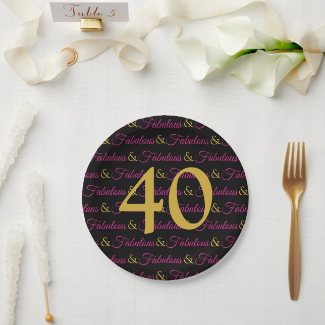40 and Fabulous Elegant Birthday Pink Gold Black Paper Plates (Wedding)