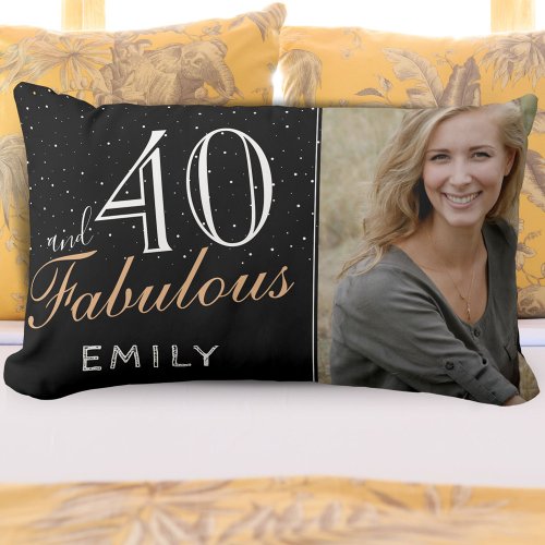40 and Fabulous Elegant Black 40th Birthday Photo Lumbar Pillow