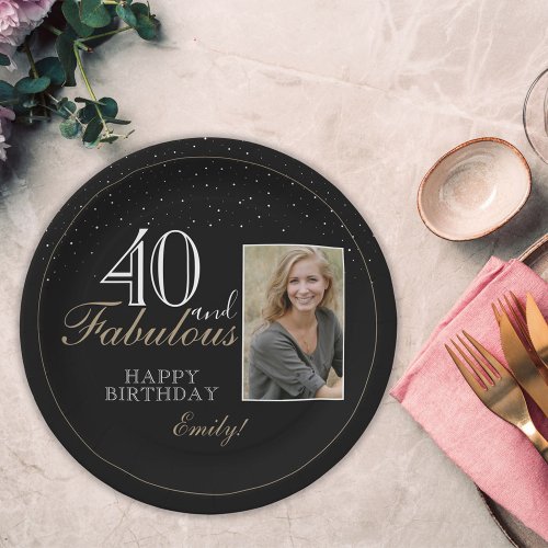 40 and Fabulous Elegant Black 40th Birthday Photo Paper Plates