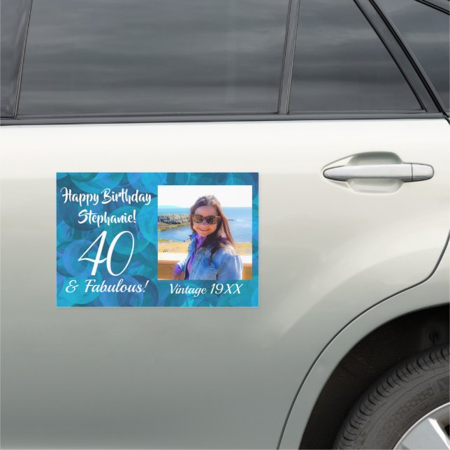 40 and Fabulous Elegant  Ocean Blue Birthday Photo Car Magnet (In Situ)