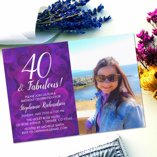 40 and Fabulous Elegant Purple Photo Birthday Invitation