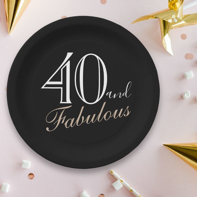 40 and Fabulous Elegant Script Black 40th Birthday Paper Plates (Creator Uploaded)
