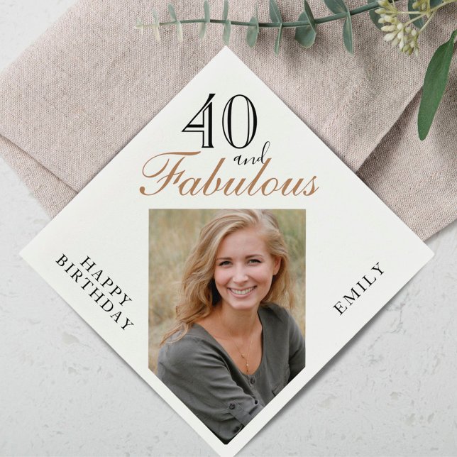 40 and Fabulous Elegant Script Photo 40th Birthday Napkins (Creator Uploaded)