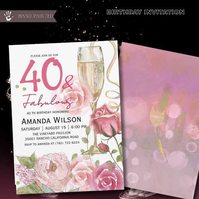40 and Fabulous Floral Champagne Birthday  Invitation (40 and Fabulous Floral Champagne Birthday Invitation)