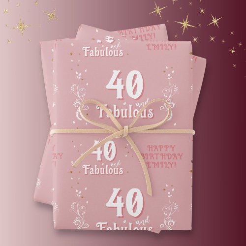 40 and Fabulous Foliage Pink 40th Birthday  Wrapping Paper Sheets