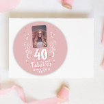 40 and Fabulous Foliage Pink Photo 40th Birthday  Classic Round Sticker<br><div class="desc">40 and Fabulous Foliage Pink Photo 40th Birthday Sticker. 40 and fabulous text in trendy white script with a name and white foliage on a pink background. Personalize it with your photo,  your name and the age.</div>