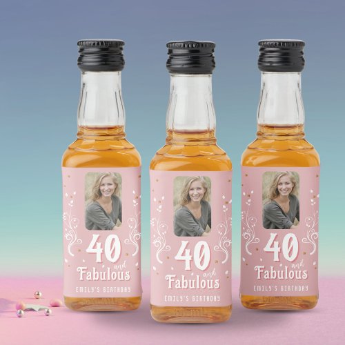 40 and Fabulous Foliage Pink Photo 40th Birthday  Liquor Bottle Label