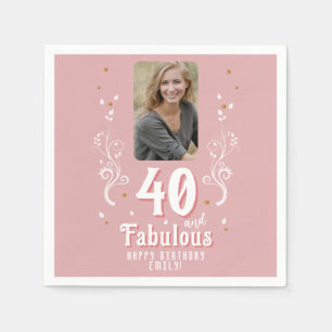 40 and Fabulous Foliage Pink Photo 40th Birthday Napkins