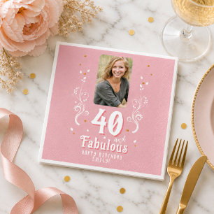 40 and Fabulous Foliage Pink Photo 40th Birthday Napkins