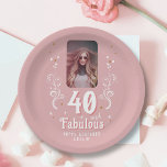 40 and Fabulous Foliage Pink Photo 40th Birthday  Paper Plates<br><div class="desc">40 and Fabulous Foliage Pink Photo 40th Birthday Party Paper Plates. 40 and fabulous text in trendy white script with a name and white foliage on a pink background. Personalize it with your photo,  your name and the age.</div>