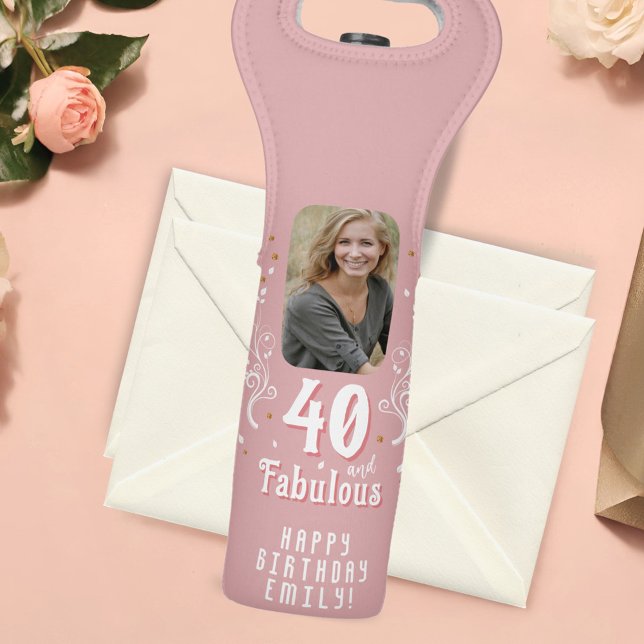 40 and Fabulous Foliage Pink Photo 40th Birthday  Wine Bag (Creator Uploaded)