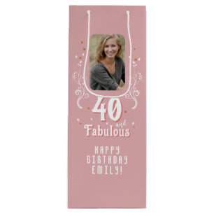 40 and Fabulous Foliage Pink Photo 40th Birthday Wine Gift Bag